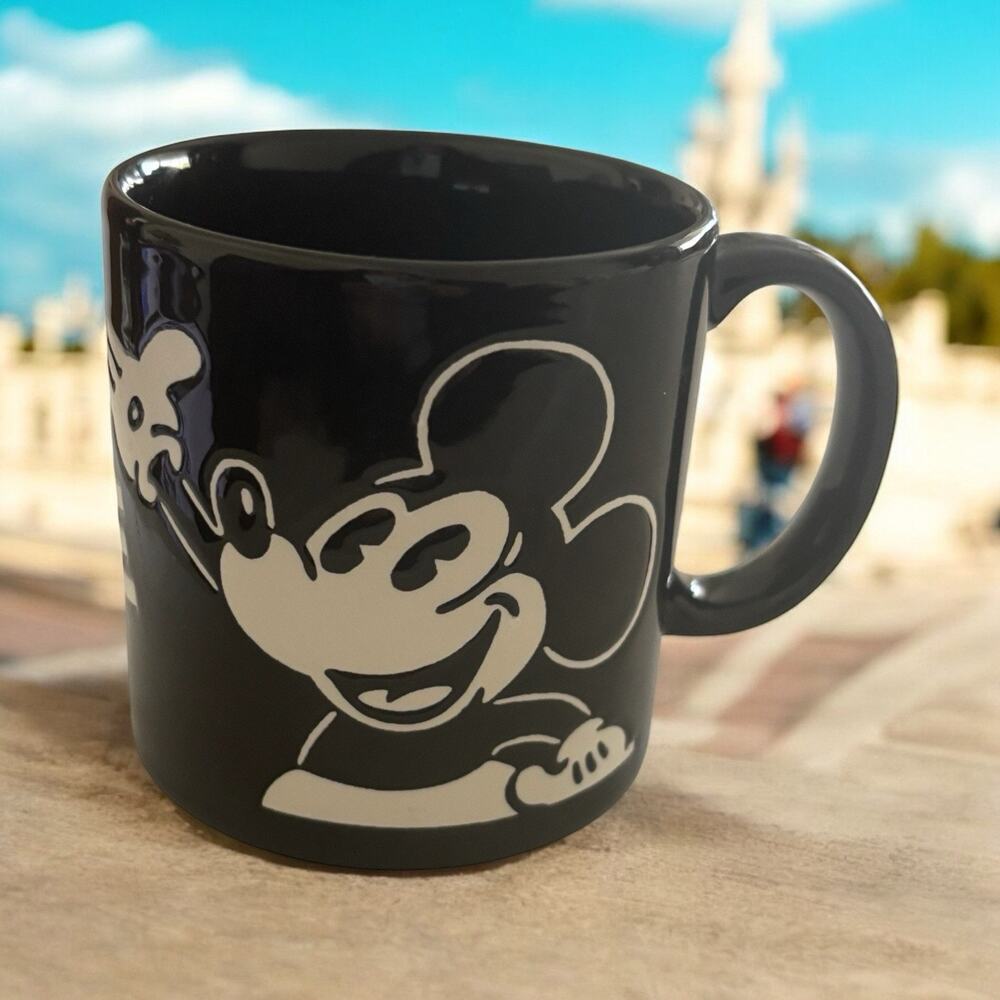Vtg Disney Cartoon Mickey Mouse Coffee Mug Embossed Black and White 1980s 8oz